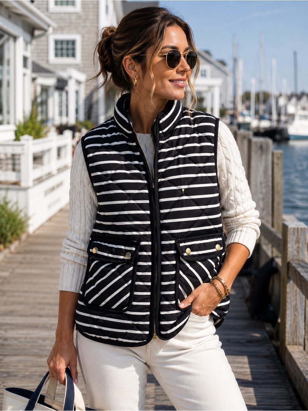 Dee Elle Black White Striped Puffer Vest Quilted Zip Front Medium Coastal Chic
